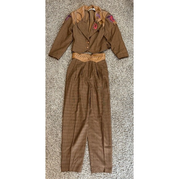 GORGEOUS Vintage Marc D'alcy Blazer & Pant Set Size 4 Leather Embroidered Floral - Picture 1 of 16